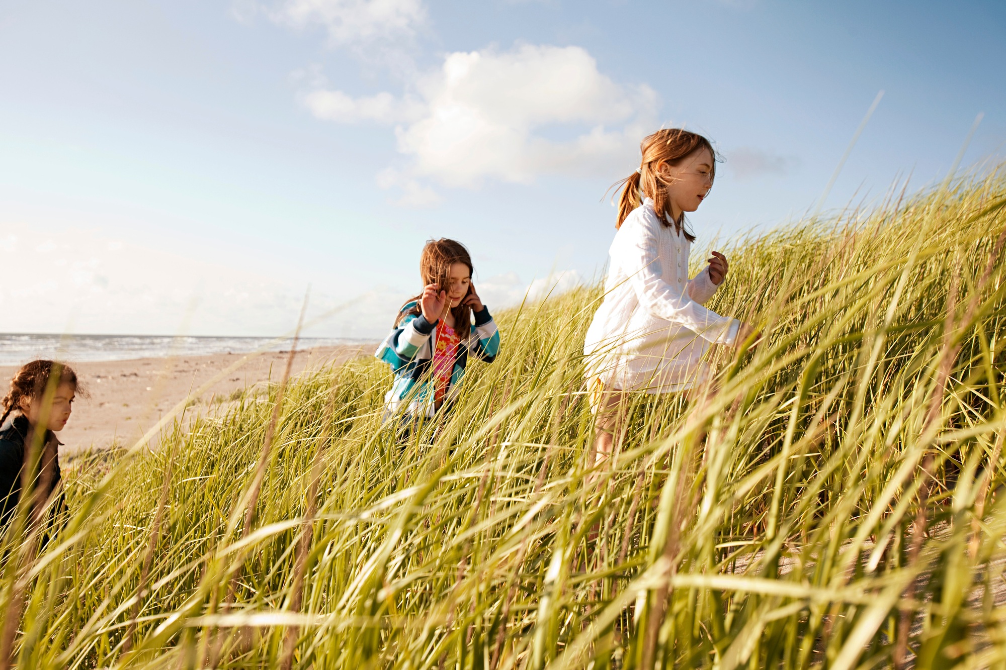 Girls walking through long grass at beach