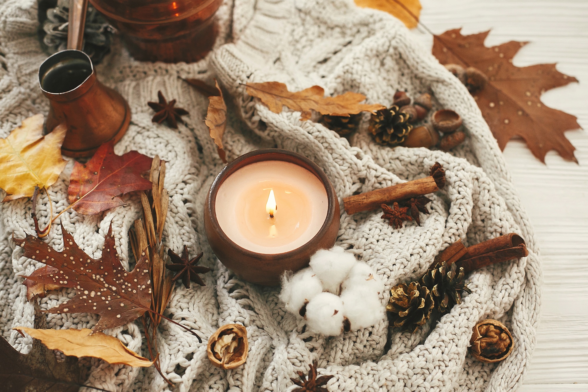 Hygge lifestyle. Candle with berries, fall leaves