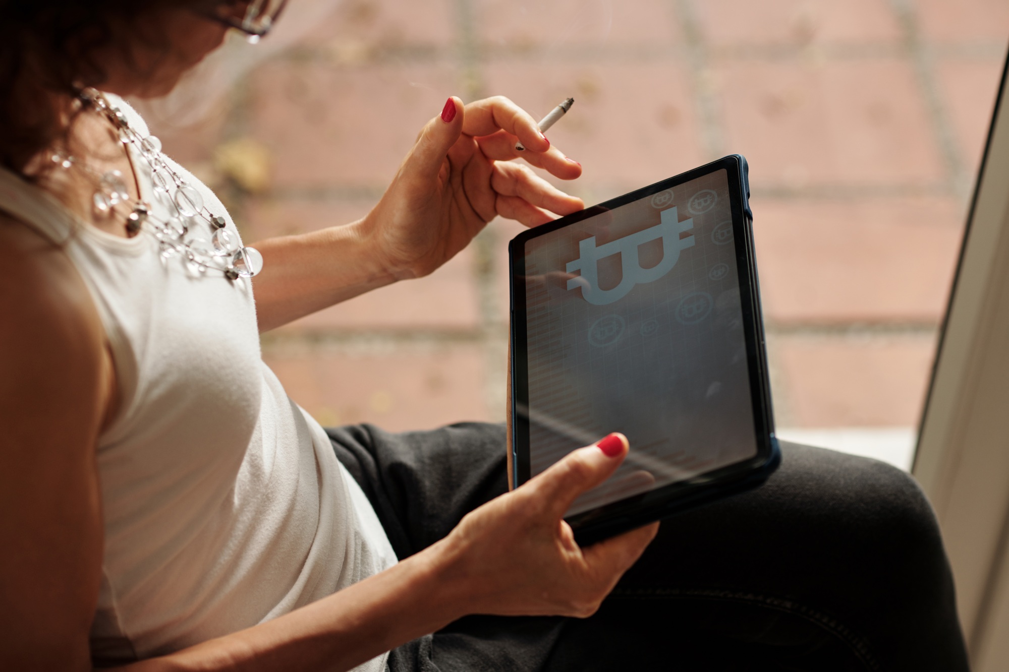 Stressed Woman Checking Bitcoin Price Index